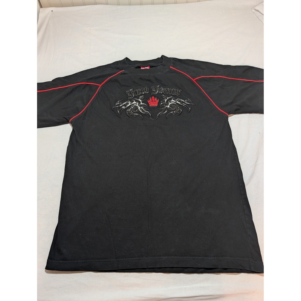 JNCO Jeans Mens XL Black Red Contrast Stitch Embroidered Graphic T-Shirt Vintage